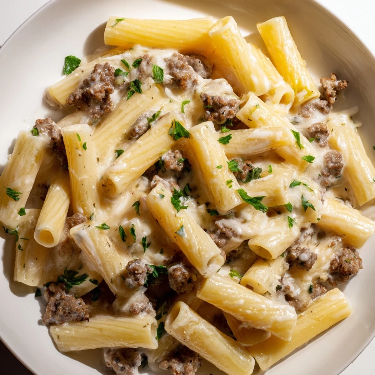 Rich and hearty creamy beef pasta with tender ground beef coated in velvety sauce