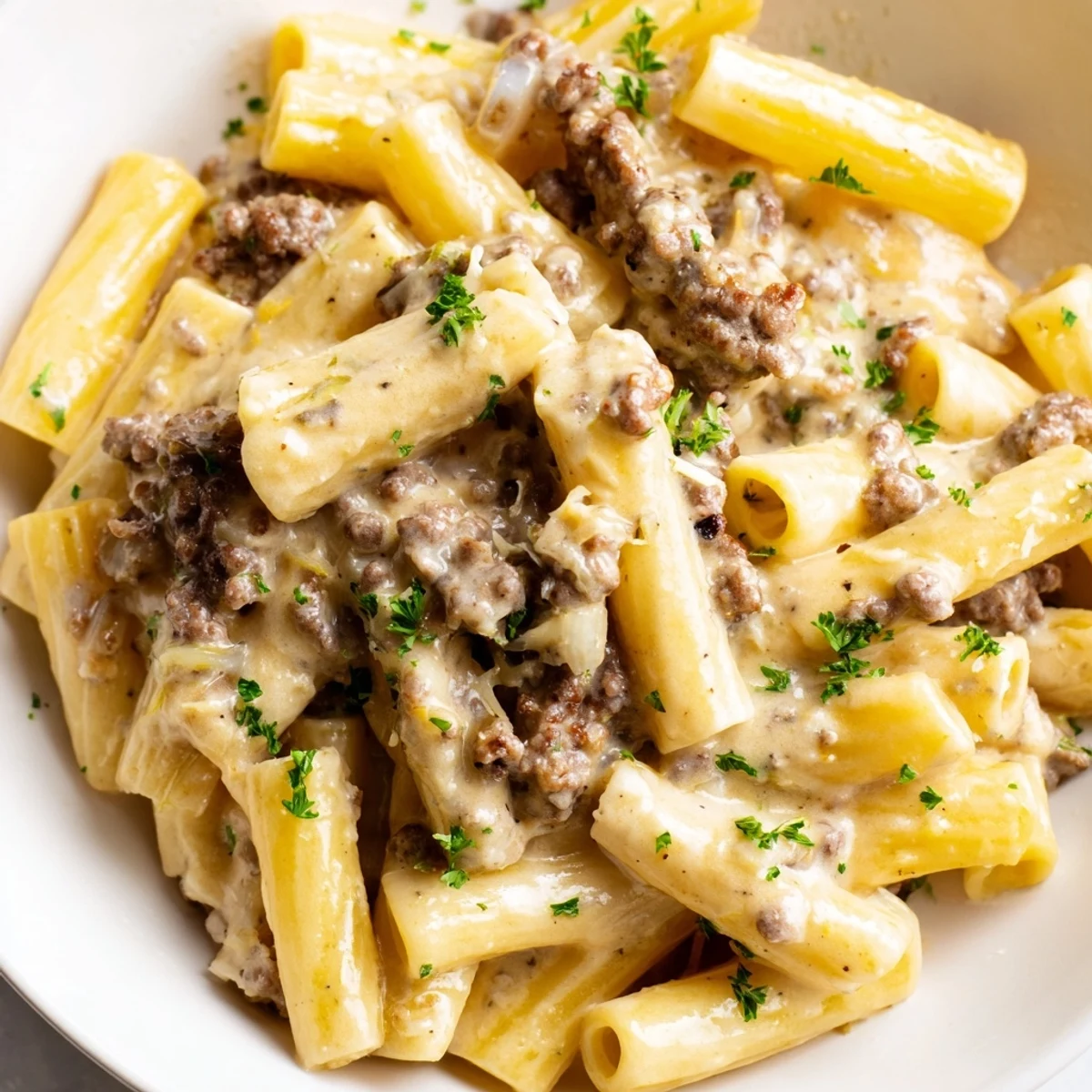 Steaming plate of creamy beef pasta featuring al dente noodles in savory white sauce