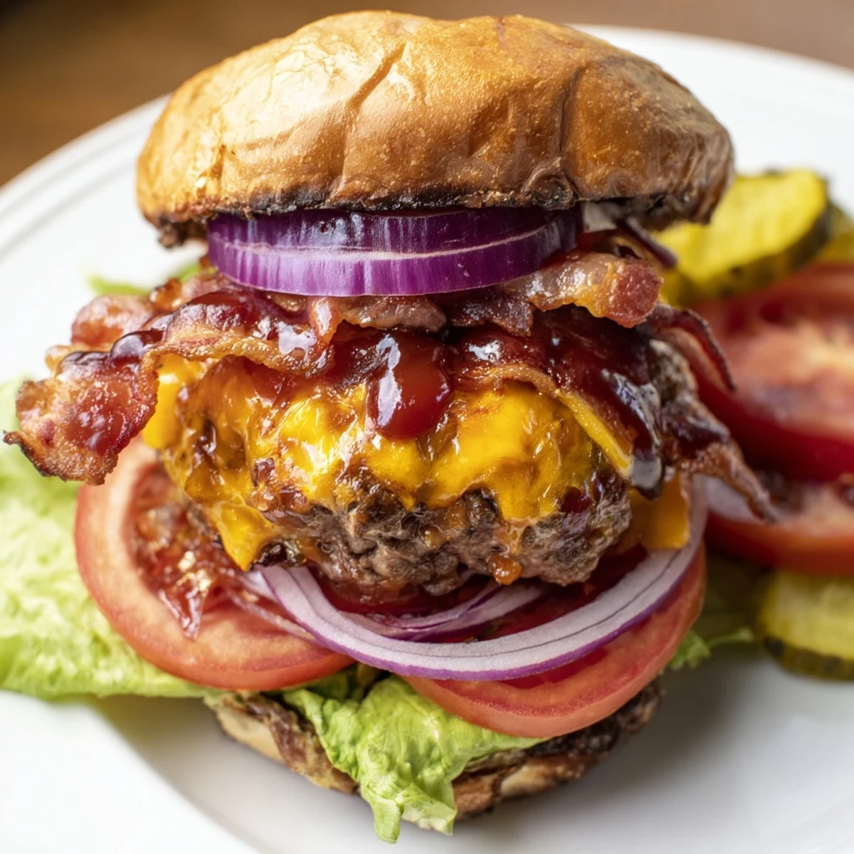 Juicy hearty BBQ bacon burger stacked with melted cheddar, crispy bacon, and tangy barbecue sauce on a toasted brioche bun