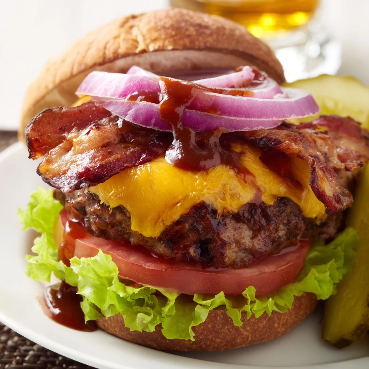 Classic American hearty BBQ bacon burger loaded with cheese, barbecue glaze, lettuce, tomato, and crunchy red onion