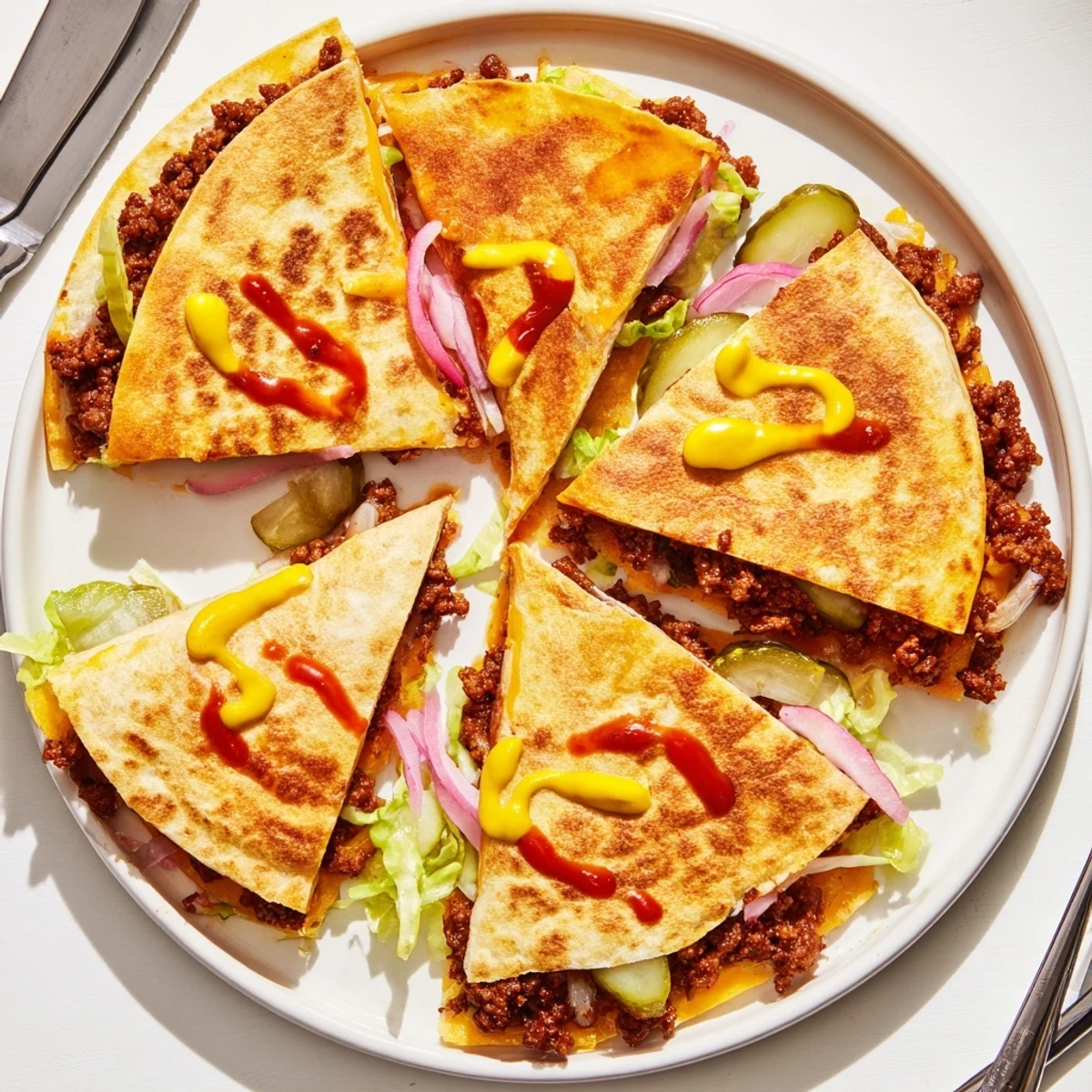 Golden smashburger quesadillas with melted cheddar and crispy tortilla edges
