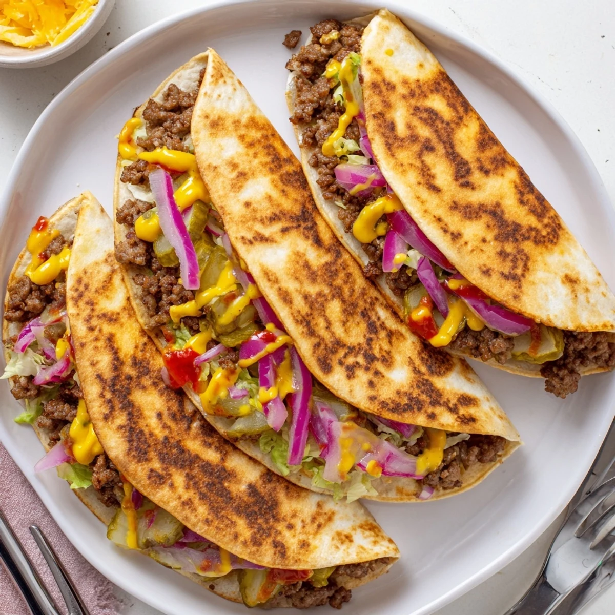 Juicy beef smashburger quesadilla featuring classic burger toppings inside a toasted flour tortilla