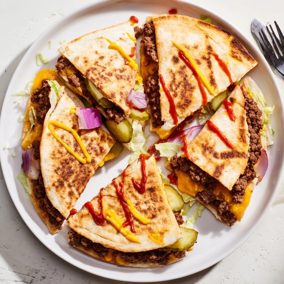 Crispy tortilla quesadilla stuffed with seasoned smashburger patty and gooey melted cheese