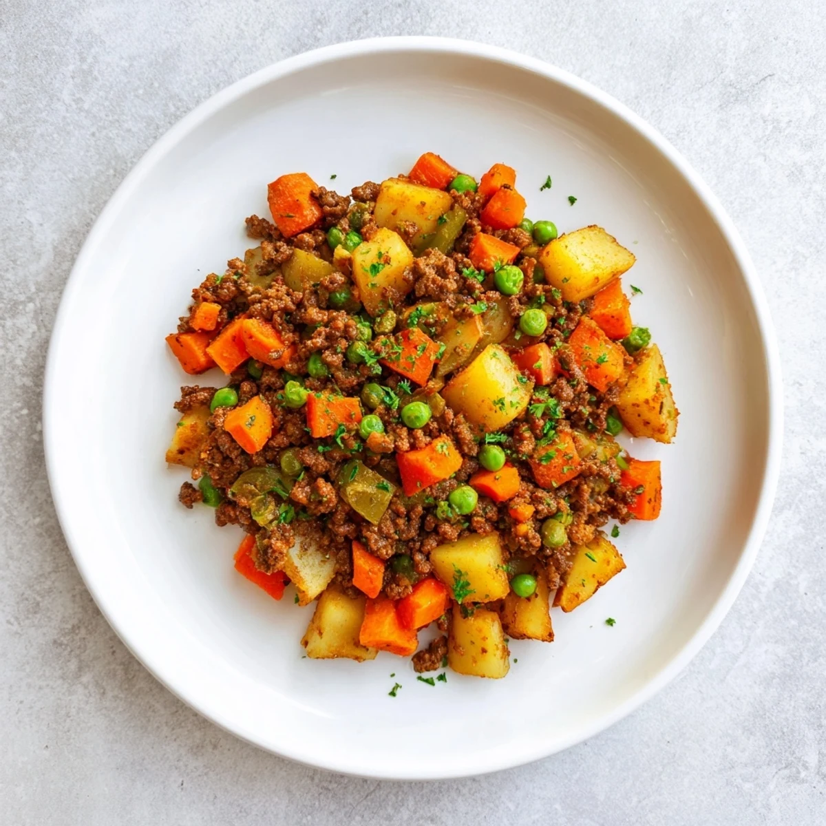 Golden brown ground beef skillet with tender diced potatoes, carrots, and colorful vegetables in a rich, savory broth.