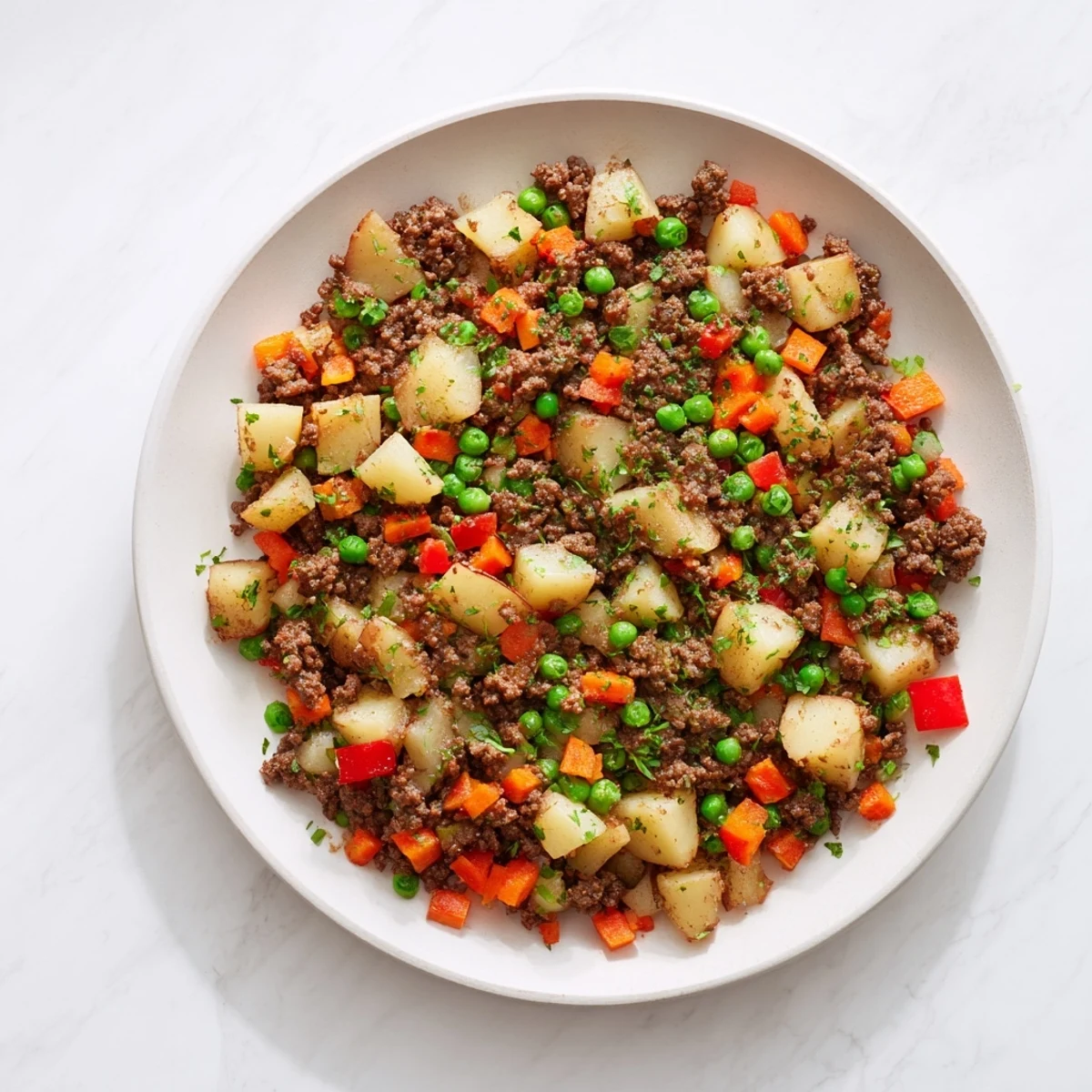Hearty one pan ground beef and potatoes dinner featuring perfectly cooked vegetables, aromatic herbs, and a comforting, homestyle presentation.