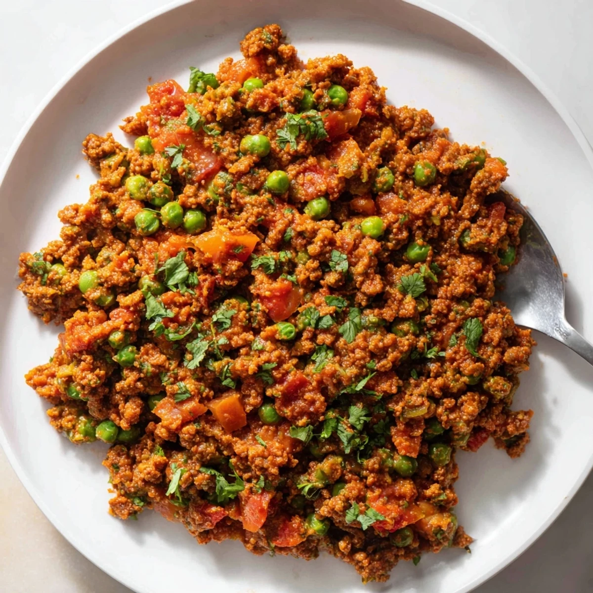 Rich Indian Keema Curry served steaming hot over fluffy white rice with lemon wedges