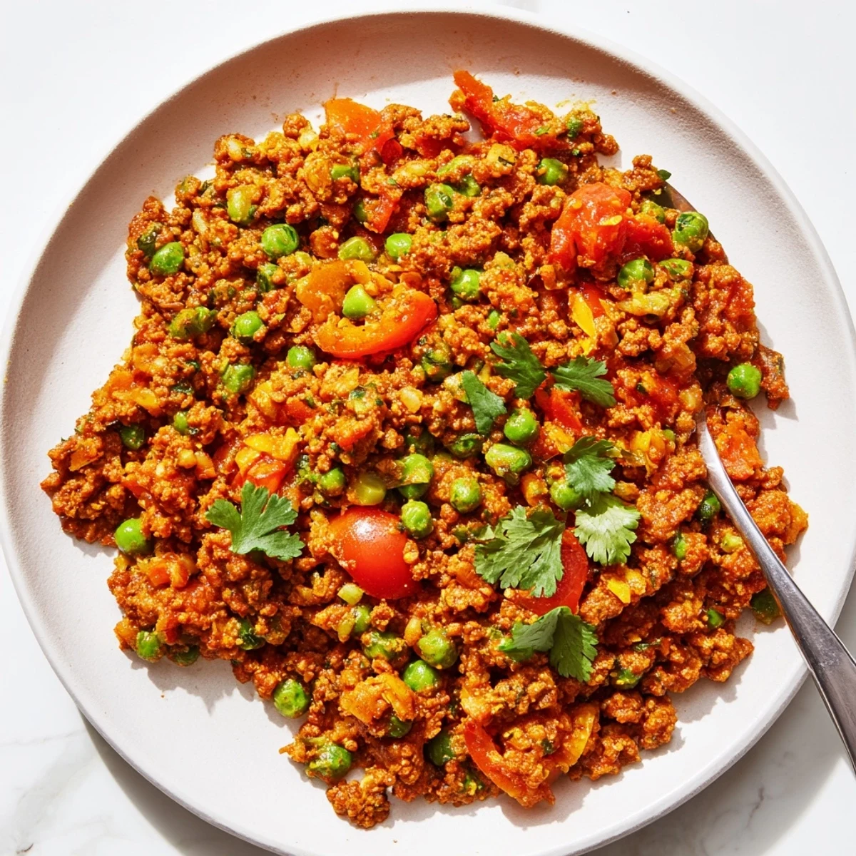 Golden beef Keema Curry simmered with aromatic spices, tender peas, and fresh cilantro garnish