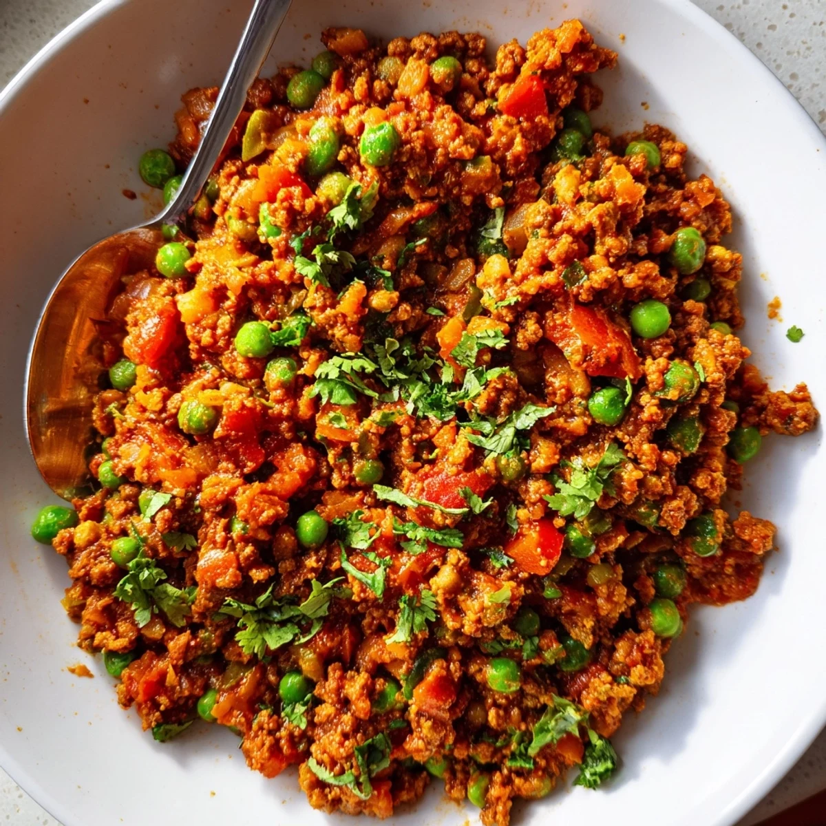Hearty ground beef Keema Curry with vibrant green peas and diced tomatoes in a skillet