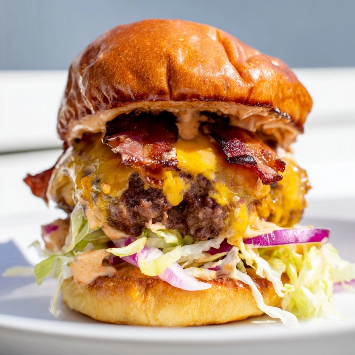 Juicy crack burger stacked with crispy bacon, melted cheddar, and creamy homemade sauce on toasted brioche bun