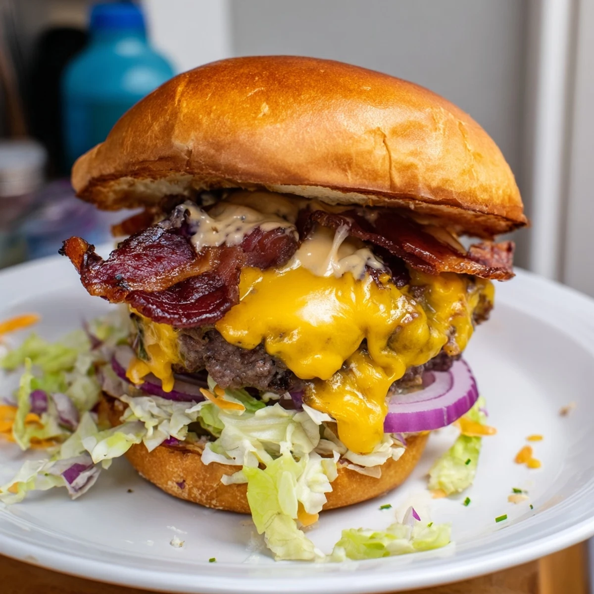 Homemade crack burger featuring cheesy ground beef patty topped with crispy bacon and tangy white ranch sauce