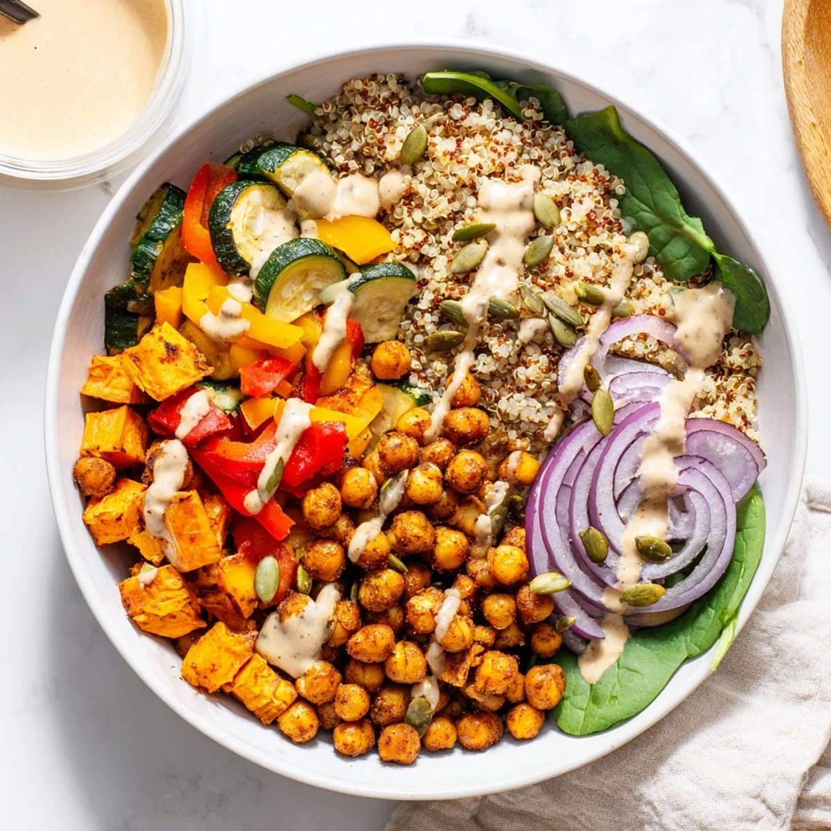 Golden roasted chickpeas and colorful veggies atop fluffy quinoa drizzled with creamy tahini dressing in this ultimate roasted chickpea and veggie bowl
