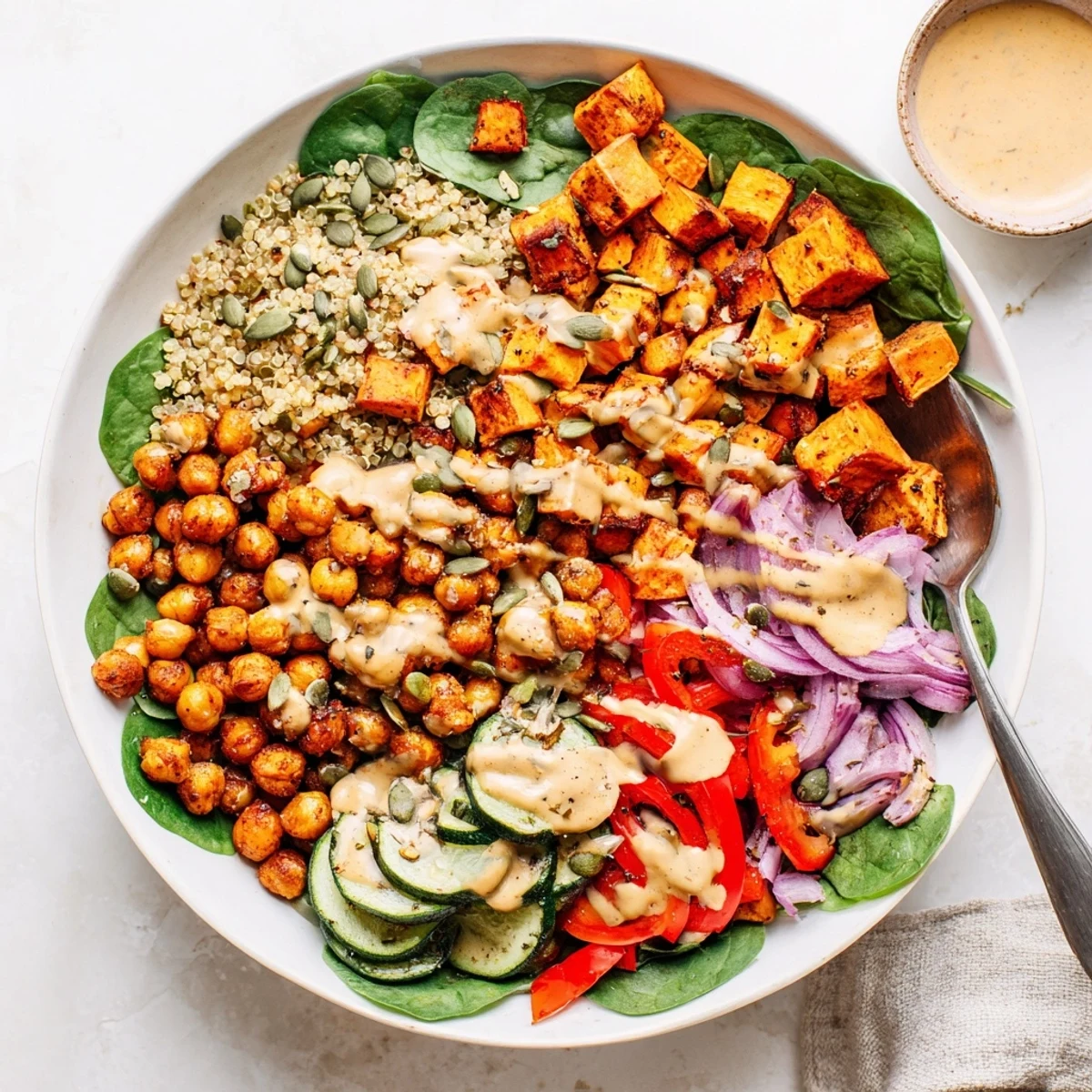 Vibrant Mediterranean-inspired roasted chickpea and veggie bowl featuring crisp spiced chickpeas, tender roasted vegetables, and nutty quinoa finished with velvety tahini sauce