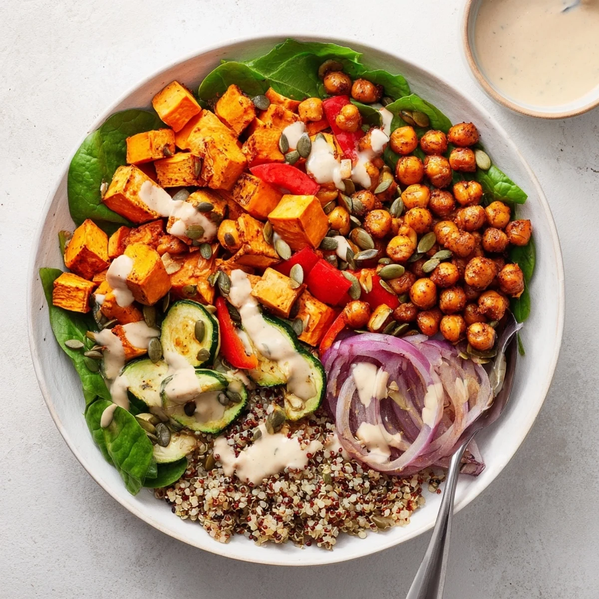 Hearty roasted chickpea and veggie bowl packed with sweet potatoes, bell peppers, and zucchini over quinoa, topped with tangy tahini dressing and pumpkin seeds
