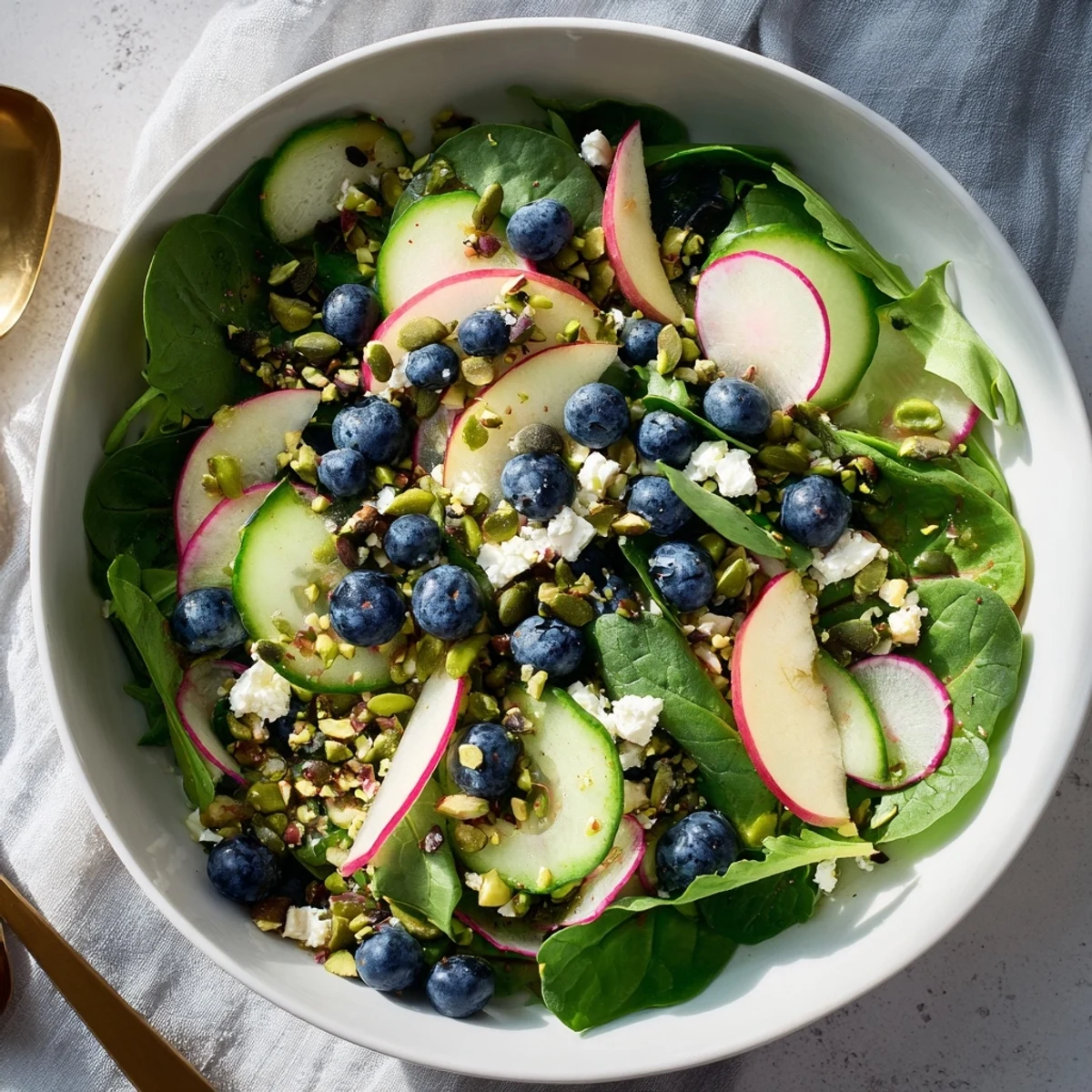 Fresh blueberry pistachio spring salad with spinach, arugula, feta cheese, and crisp vegetables