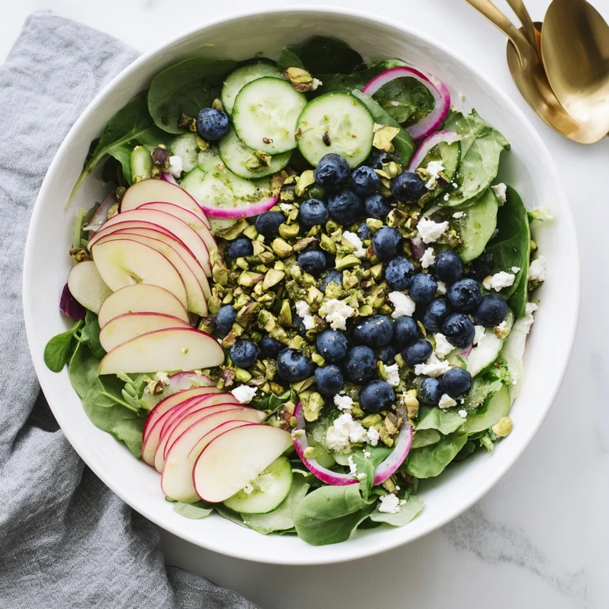 Vibrant bowl of blueberry pistachio spring salad topped with crumbled feta and fresh greens