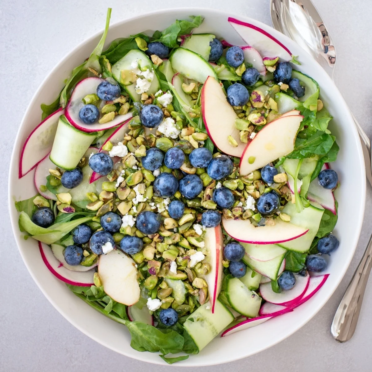 Colorful blueberry pistachio spring salad featuring sweet berries, crunchy nuts, and tangy feta cheese