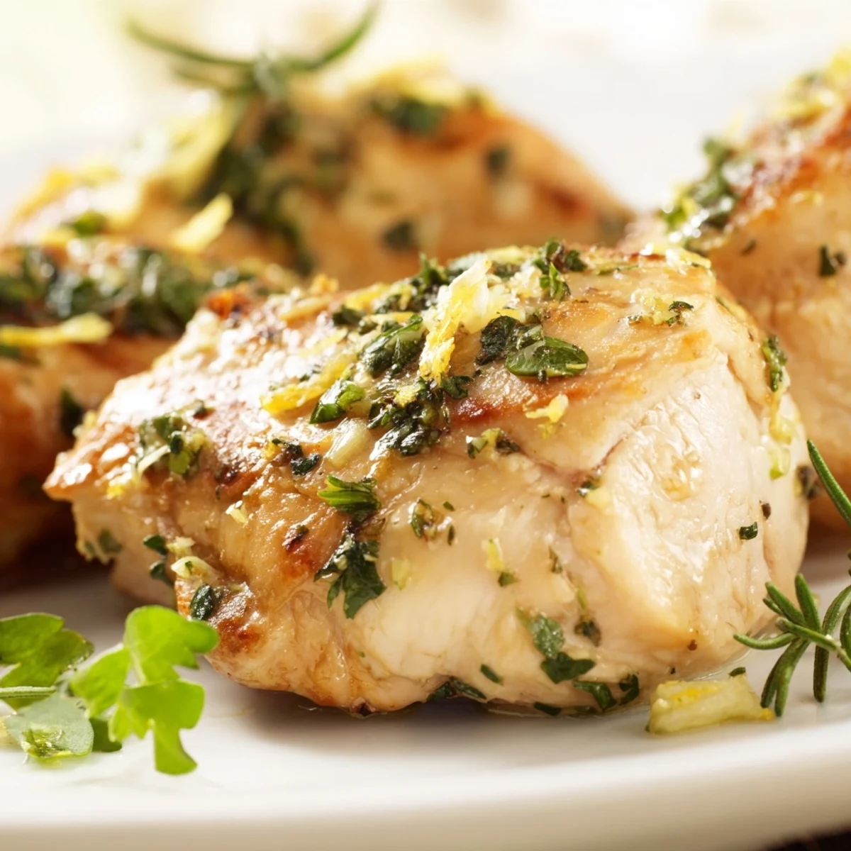 Golden roasted spring garlic herb chicken breasts garnished with fresh chives and lemon wedges on a white serving plate