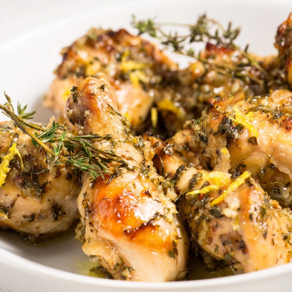 Juicy baked chicken marinated in spring garlic, parsley, thyme, and rosemary with bright lemon zest