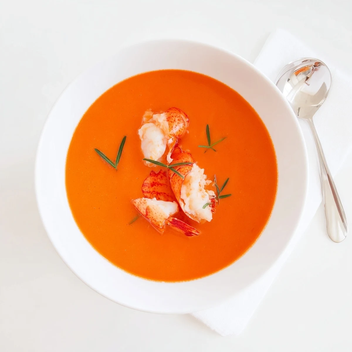 Creamy Gordon Ramsay lobster bisque garnished with fresh lobster chunks and delicate tarragon leaves