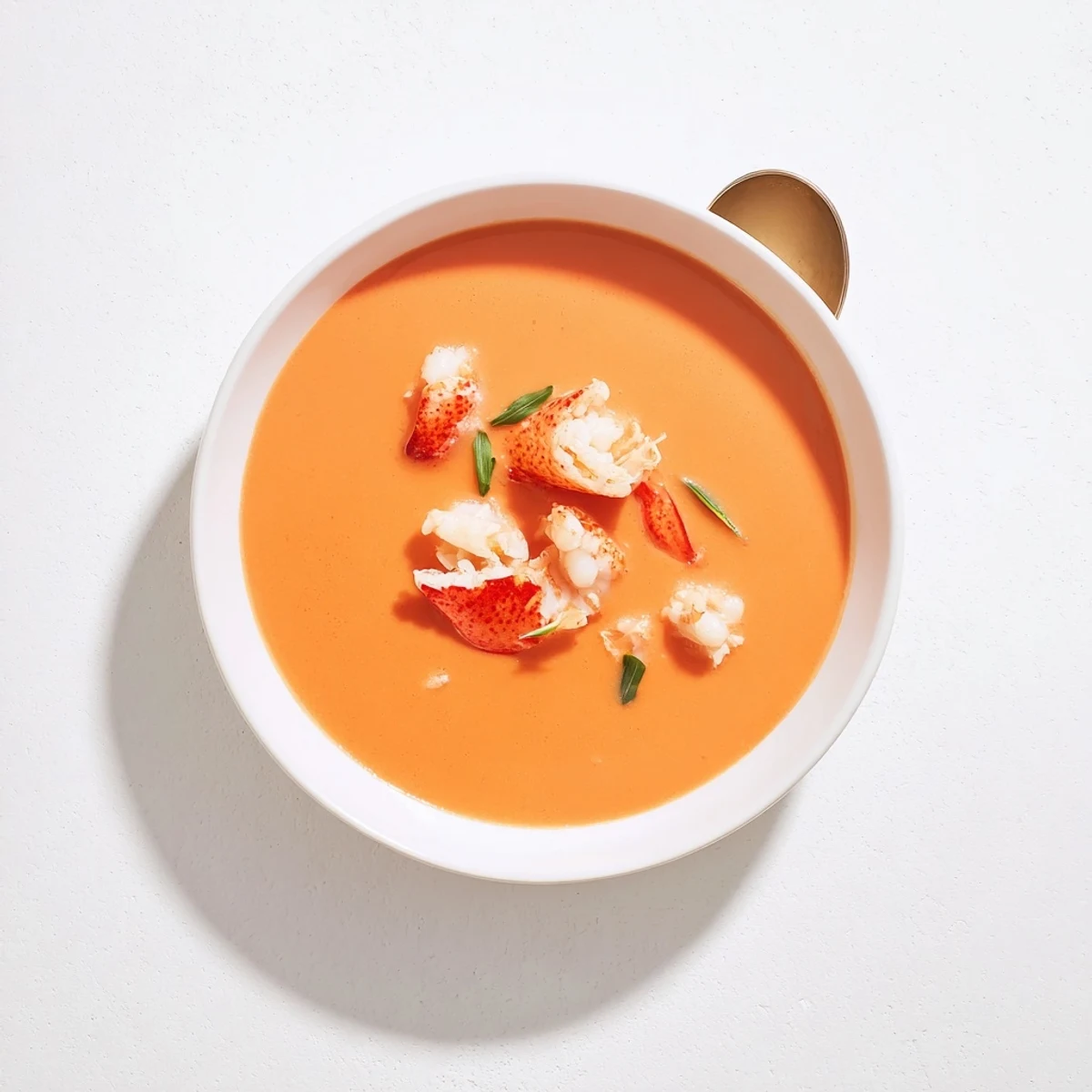 Rich Gordon Ramsay lobster bisque served in white bowls with succulent lobster pieces on top