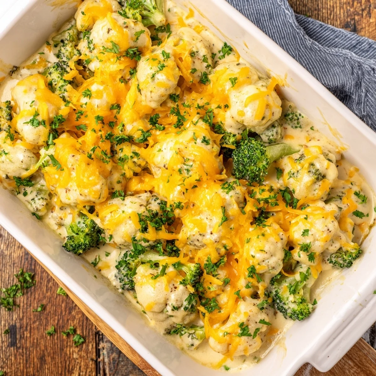 Golden keto broccoli cauliflower bake with melted cheddar cheese and fresh parsley garnish