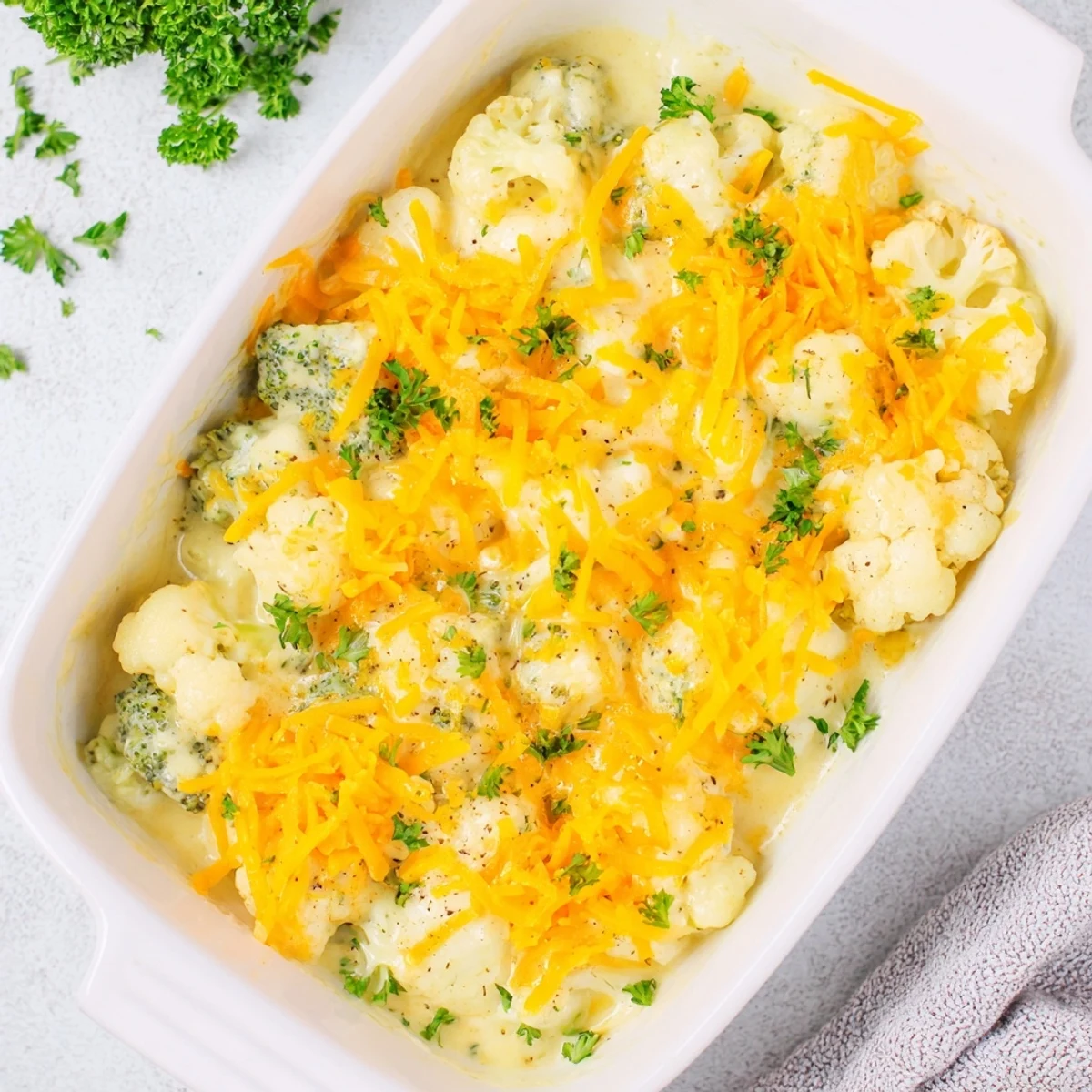 Creamy low-carb broccoli cauliflower casserole bubbling in a white baking dish with crispy cheese topping