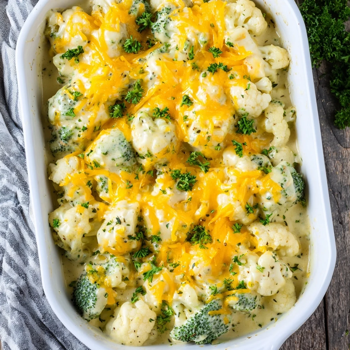Serving of best keto broccoli cauliflower bake showing tender vegetables in rich cheesy sauce