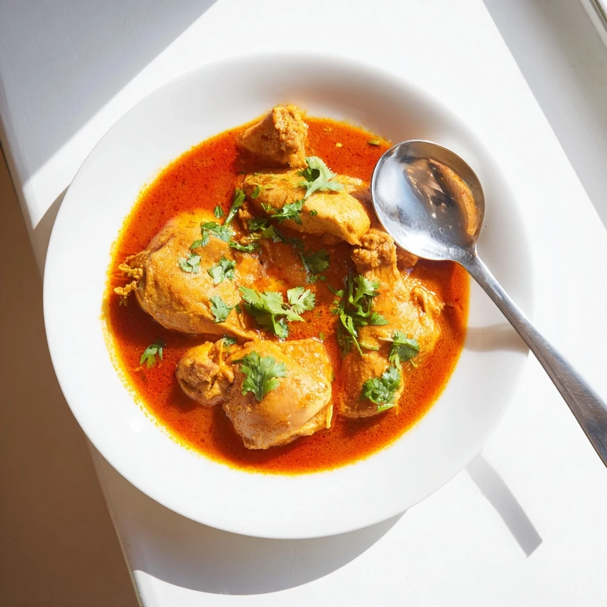 Creamy butter chicken with tender chicken pieces swimming in rich tomato-based sauce garnished with fresh cilantro