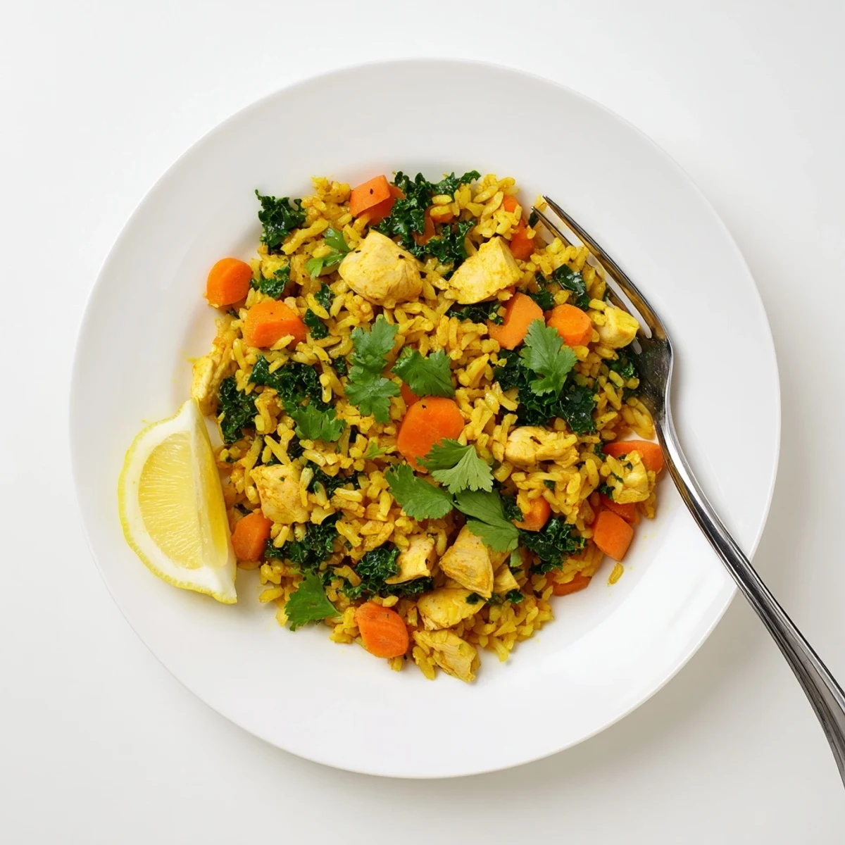 Tender chicken pieces nestled in vibrant yellow turmeric rice with baby spinach and lemon