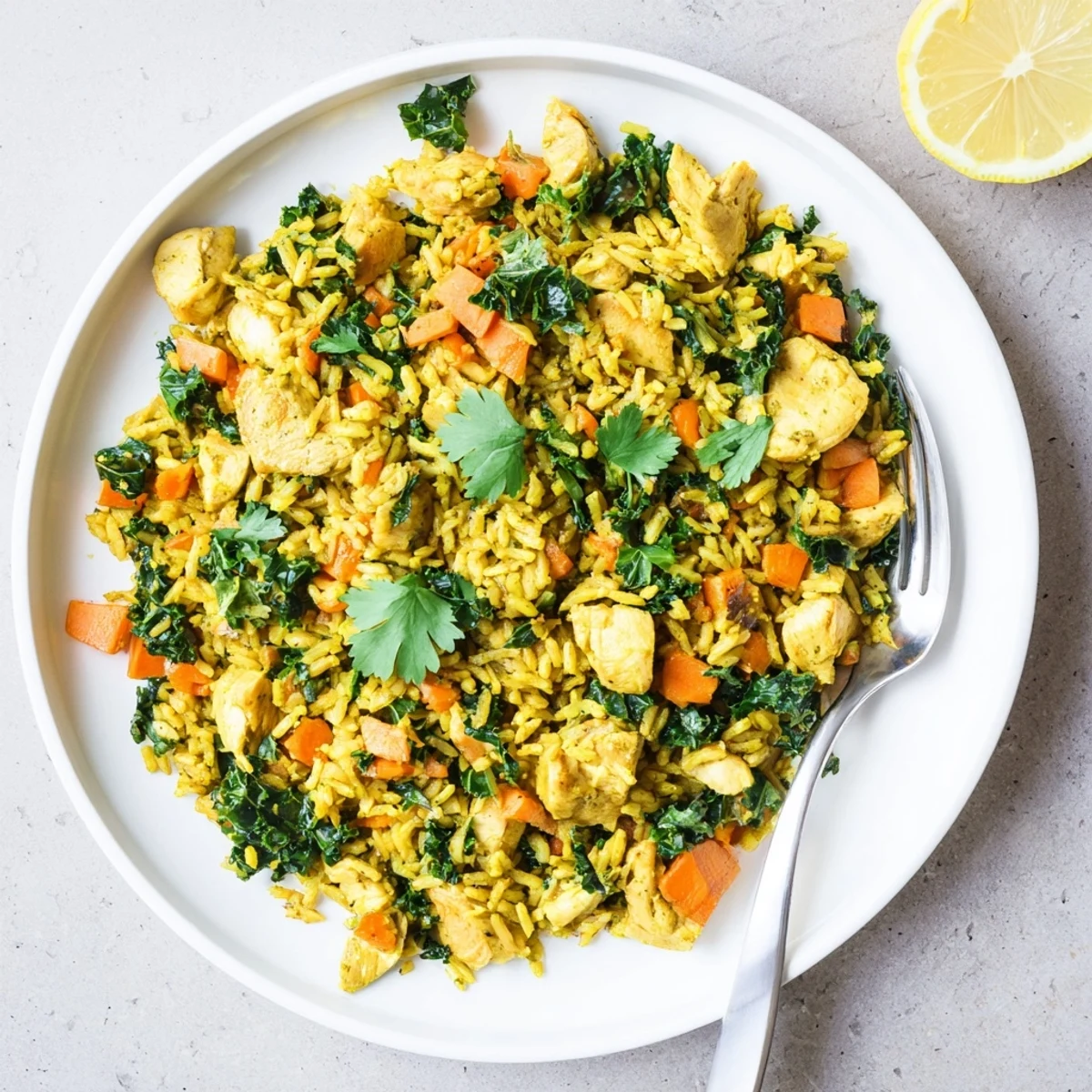 Golden anti-inflammatory turmeric chicken rice served in a bowl with fresh cilantro garnish