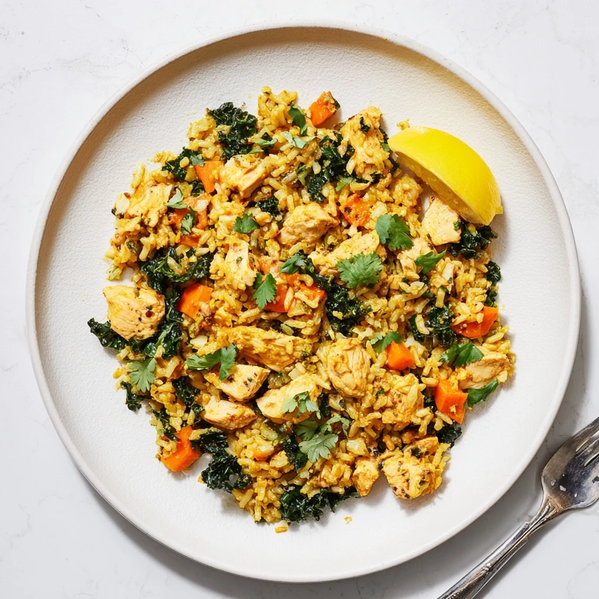 One-pot anti-inflammatory turmeric chicken rice featuring fluffy spiced grains and tender bite-sized chicken