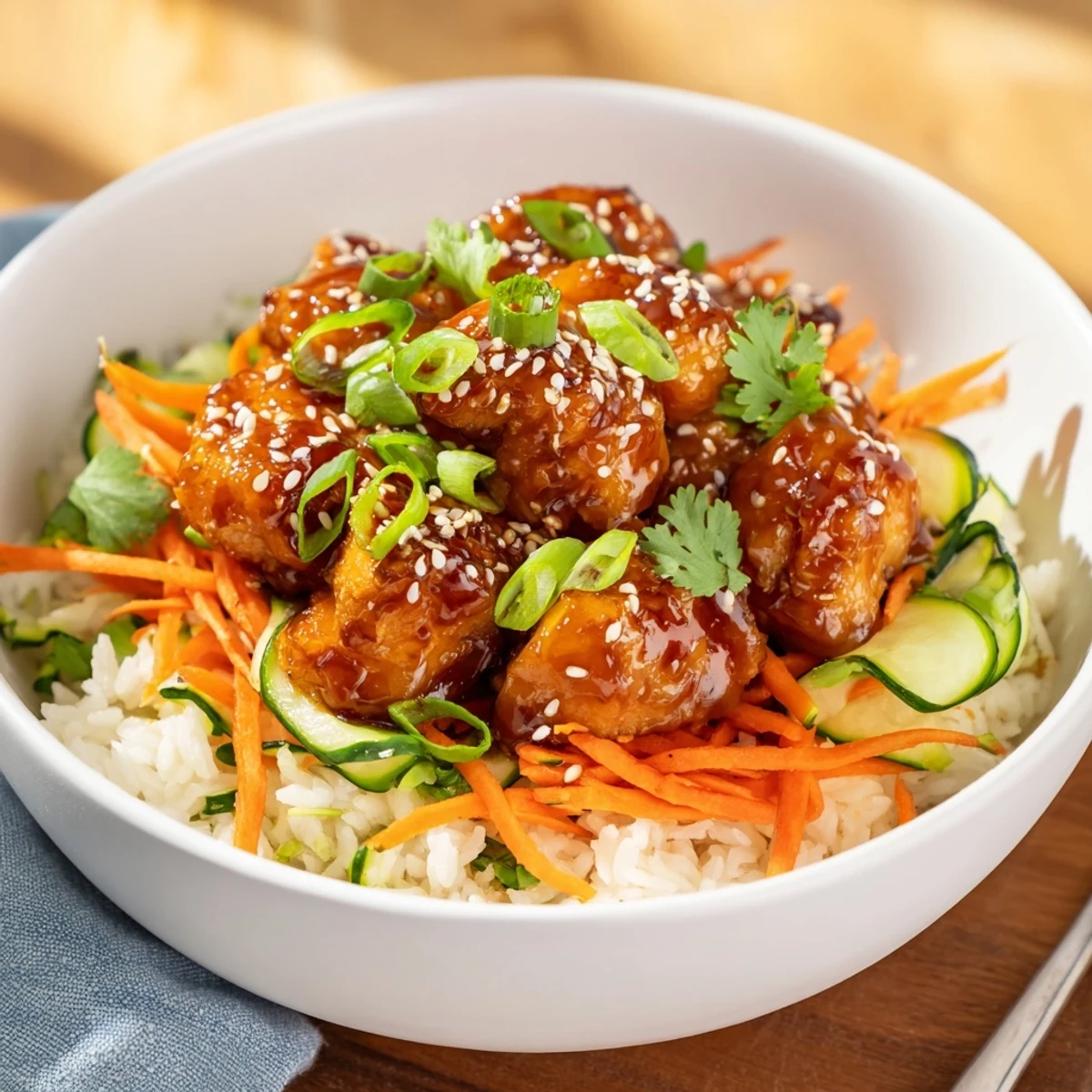 Golden glazed sticky chicken bowls over fluffy rice with crisp cucumber and shredded carrots