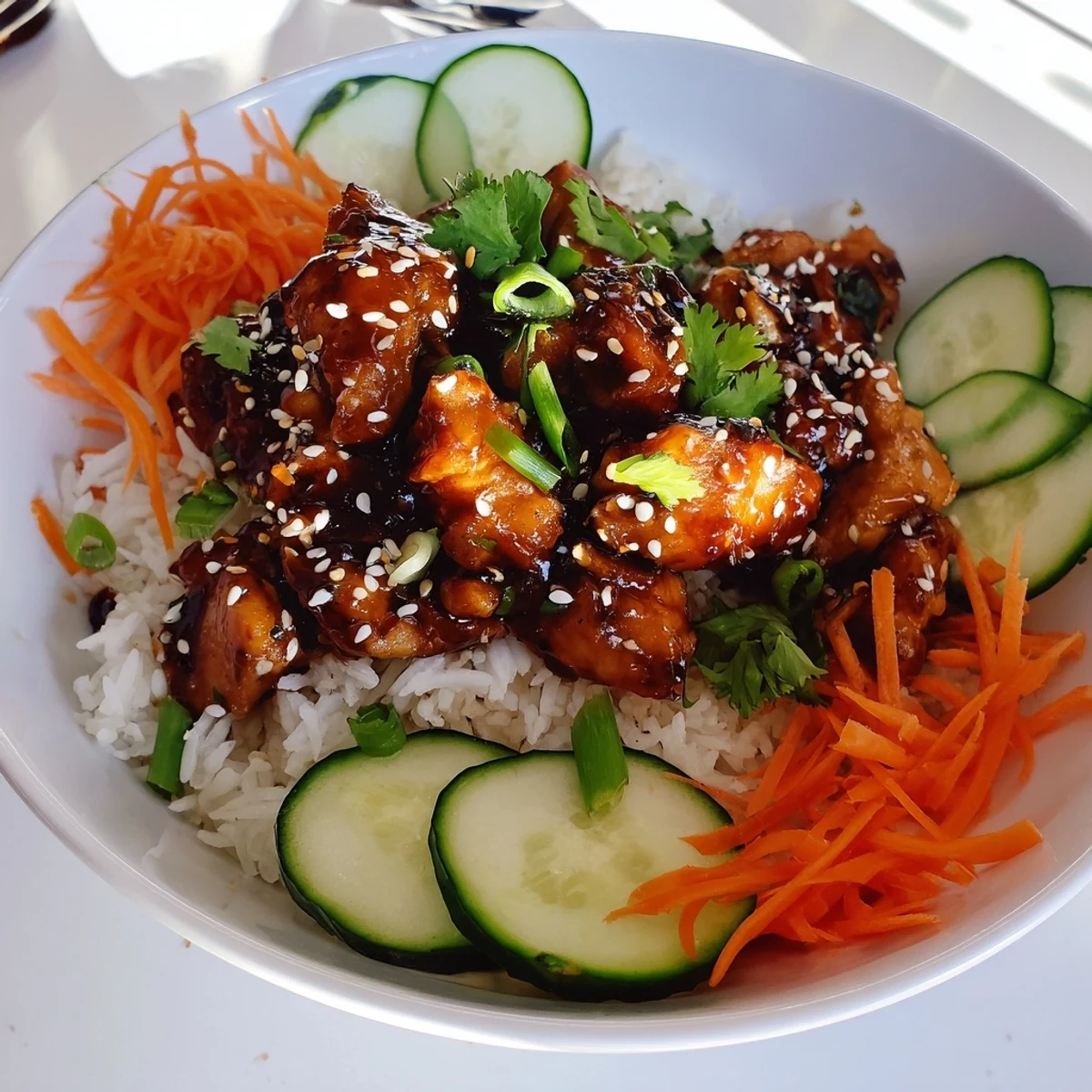 Tender sticky chicken thighs in sweet honey soy sauce served in colorful meal prep bowls