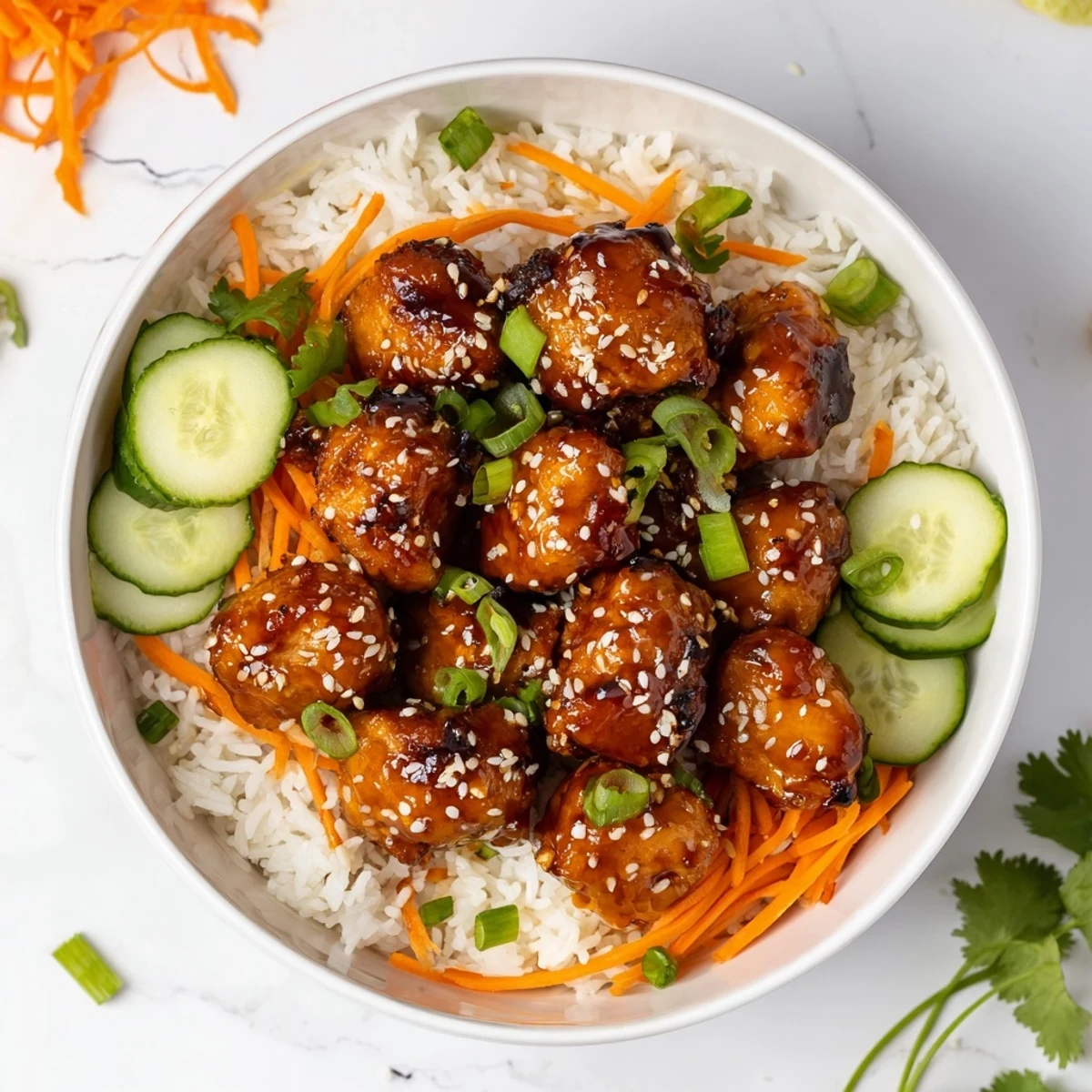Asian-inspired sticky chicken bowl with garnishes of sesame seeds fresh cilantro and sliced green onions