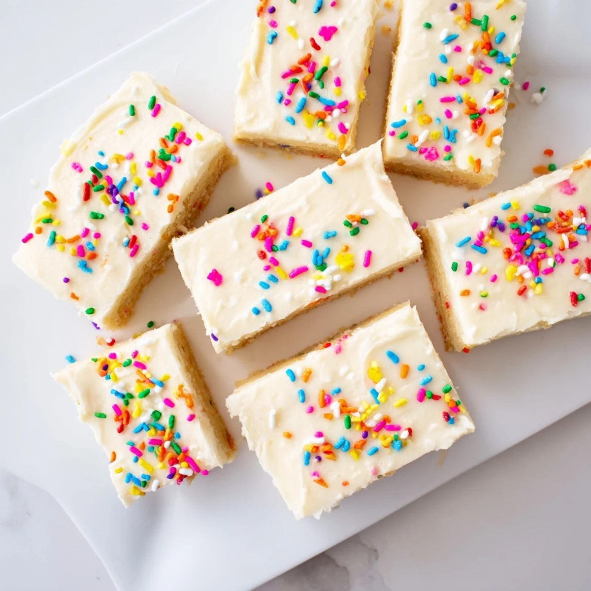 Soft golden sugar cookie bars topped with smooth vanilla frosting and colorful sprinkles