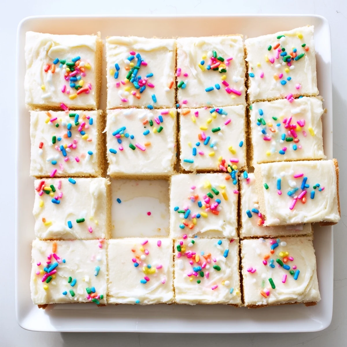 Baked sugar cookie bars spread with creamy white frosting and festive rainbow sprinkles