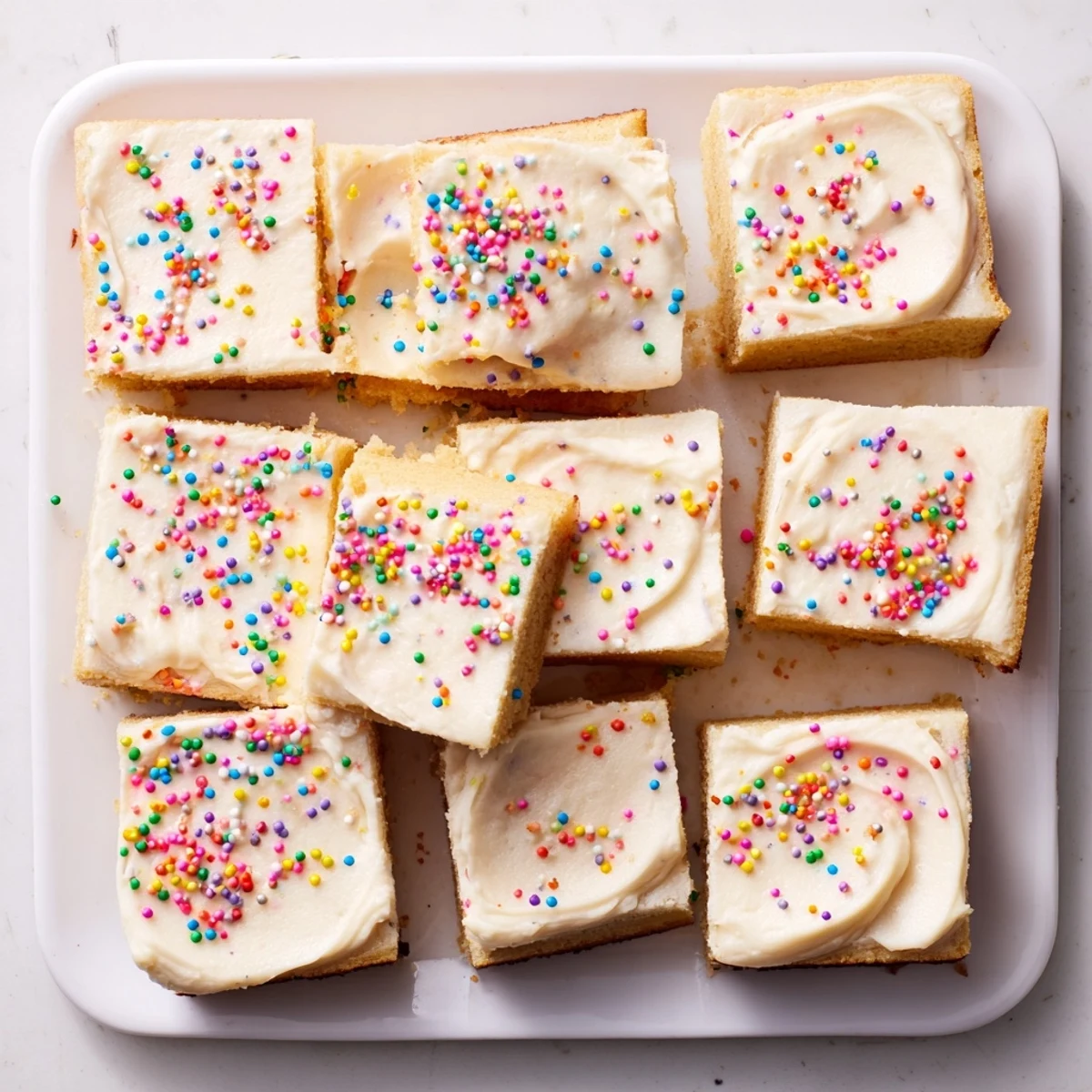 Thick vanilla-frosted sugar cookie bars cut into squares decorated with bright sprinkles