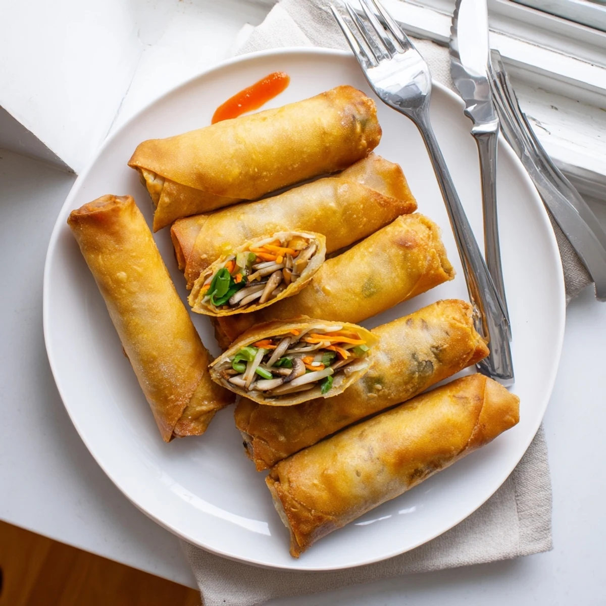 Golden crispy spring rolls filled with colorful vegetables on a white serving plate
