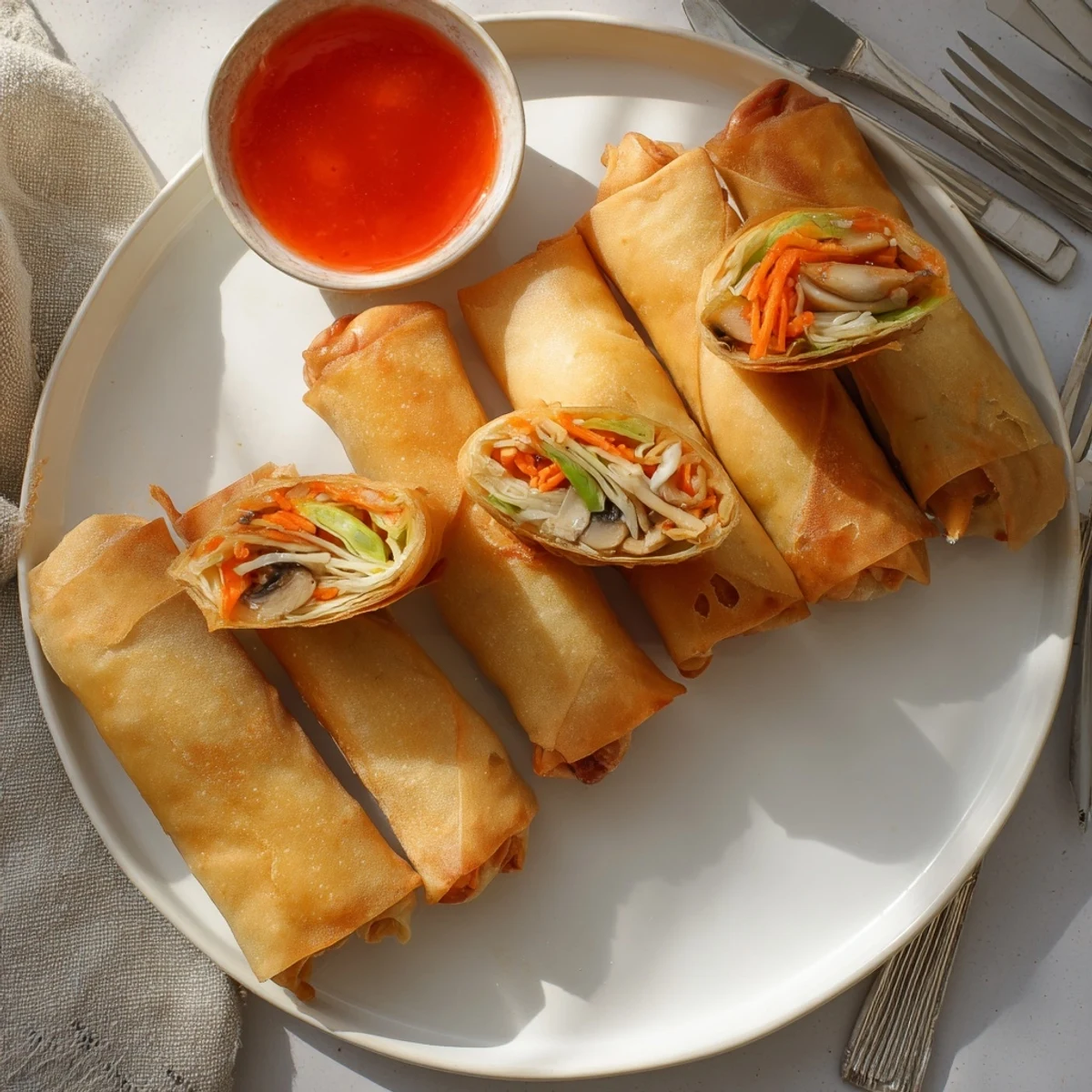 Homemade crispy spring rolls with vegetable filling arranged on dark background