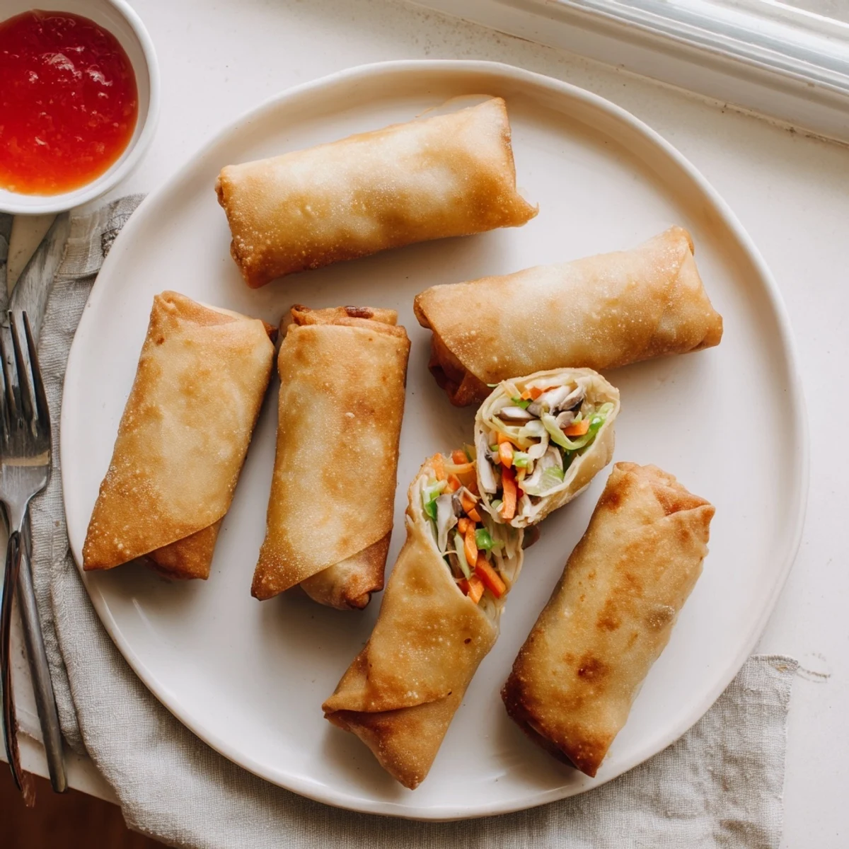Plate of fried crispy spring rolls with cabbage carrot filling ready for dipping