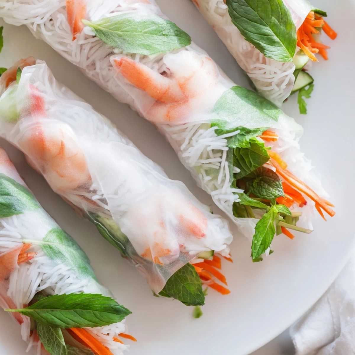 Fresh Vietnamese spring rolls with translucent rice paper wrapping crisp vegetables, pink shrimp, and green herbs alongside creamy peanut dipping sauce
