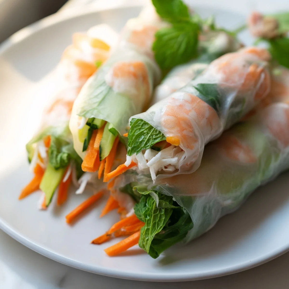 Homemade Vietnamese spring rolls showcasing julienned carrots, cucumber, rice vermicelli, and shrimp tucked inside delicate rice paper wrappers
