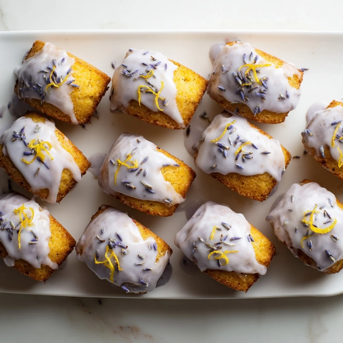 Mini lemon cakes with lavender glaze drizzled over golden crumb topped with dried lavender buds