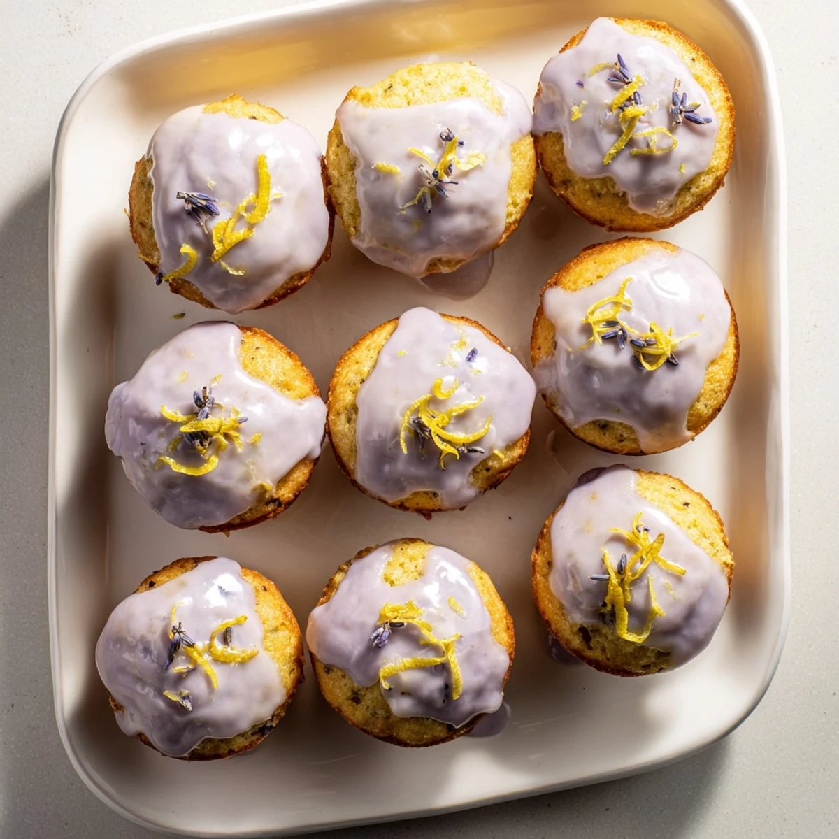 Tender mini lemon cakes with smooth purple lavender icing served on vintage dessert plate