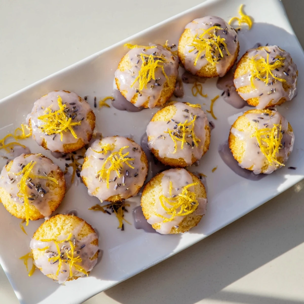 Floral lavender glazed lemon cakes cooling on wire rack with fresh lemon zest garnish