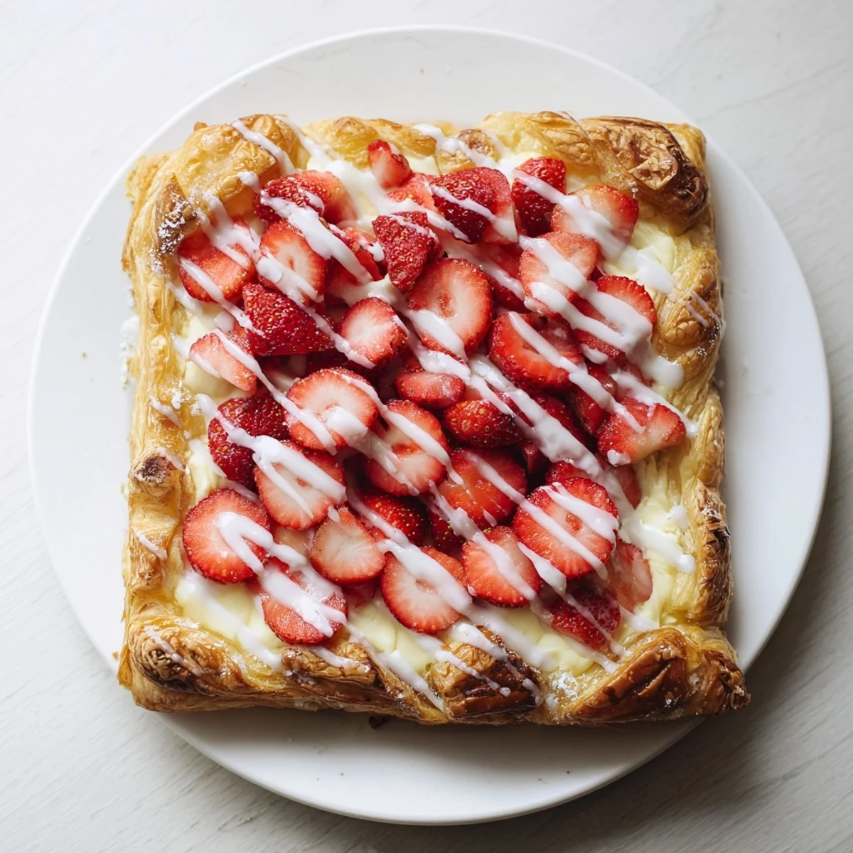 Golden flaky strawberry danishes with cream cheese filling and glazed red strawberry slices on rustic wooden board