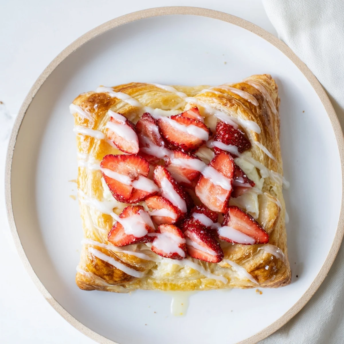 Freshly baked strawberry danishes topped with sweet sliced berries and white vanilla drizzle on parchment paper