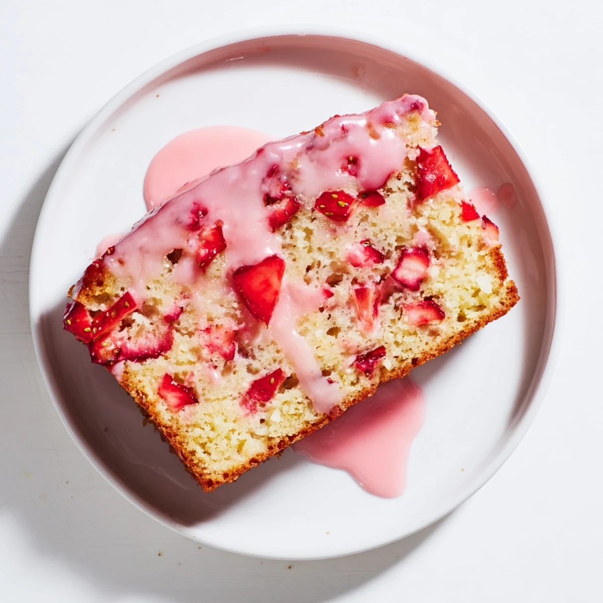 Golden slice of strawberry pound cake drizzled with pink glaze on a white plate