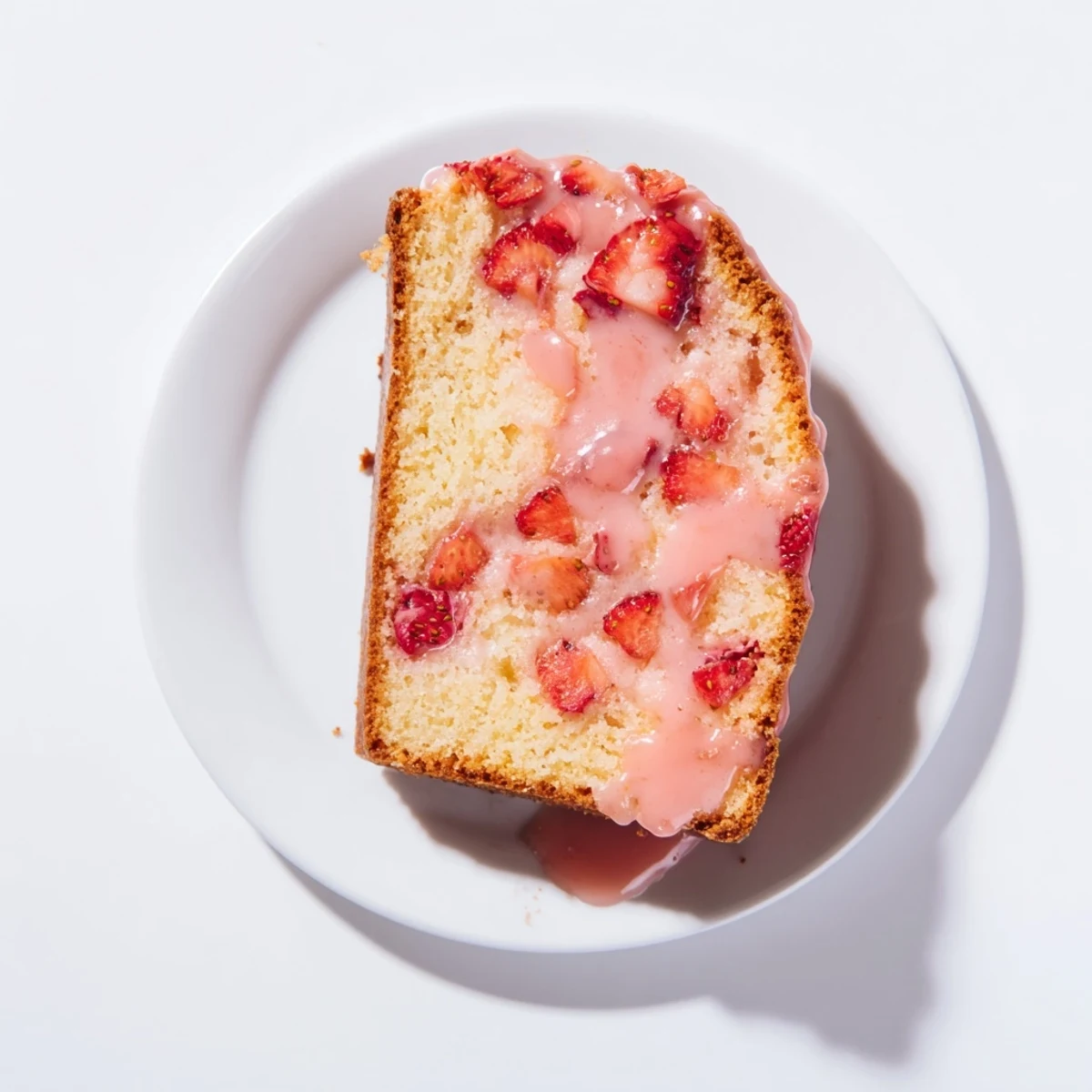Homemade strawberry pound cake loaf topped with glossy strawberry glaze and fresh strawberry garnish