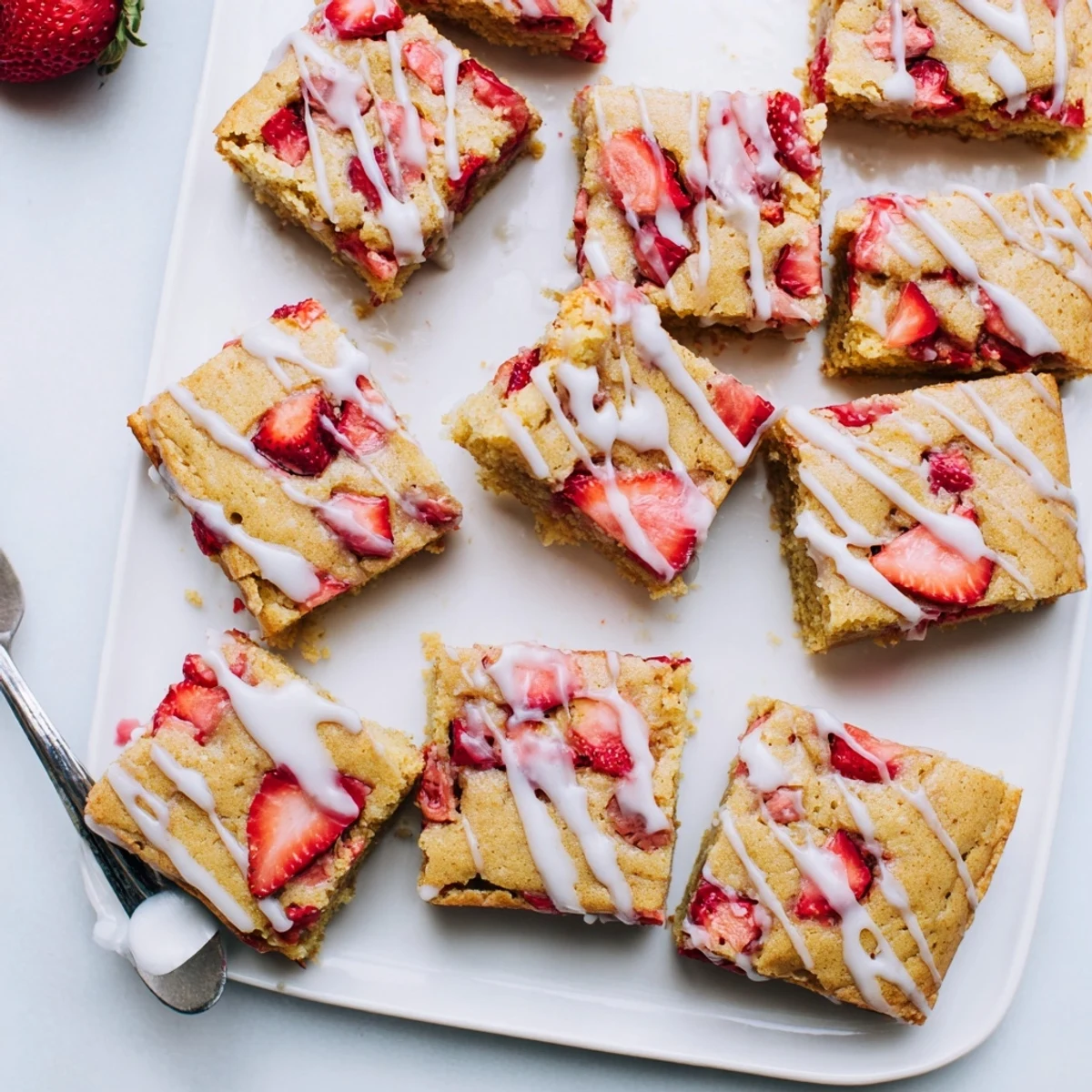 Golden strawberry lemon blondies drizzled with white lemon glaze on a white serving plate